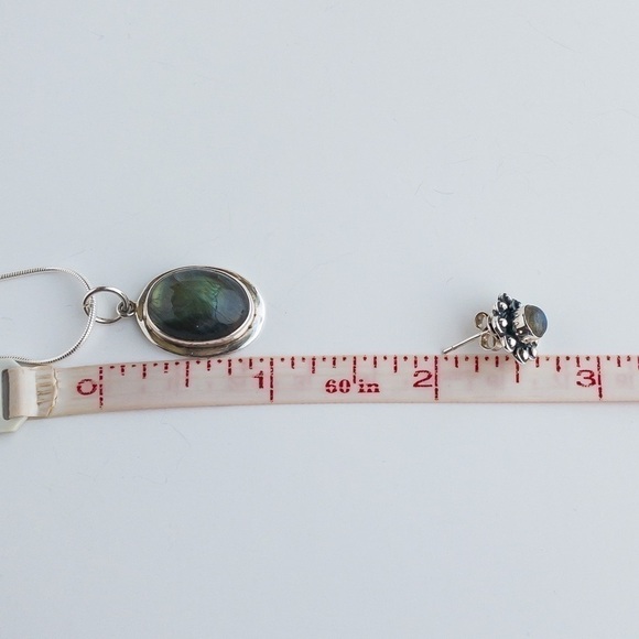 Sterling Silver Necklace Labradorite Pendant Stud Earring Jewelry Set .925 - Picture 15 of 15